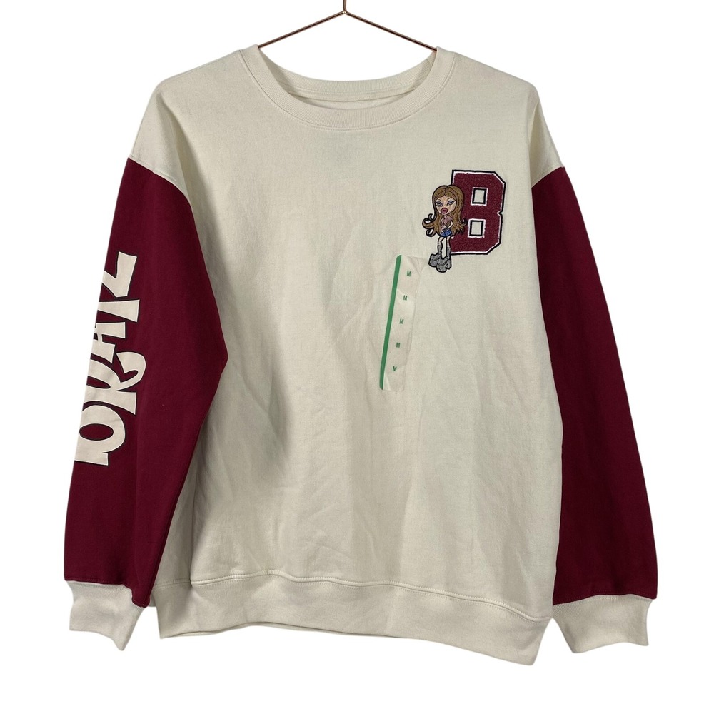Bratz Sweatshirt Womens Medium‎ Cream Burgundy Crewneck Chenille B Patch Graphic
